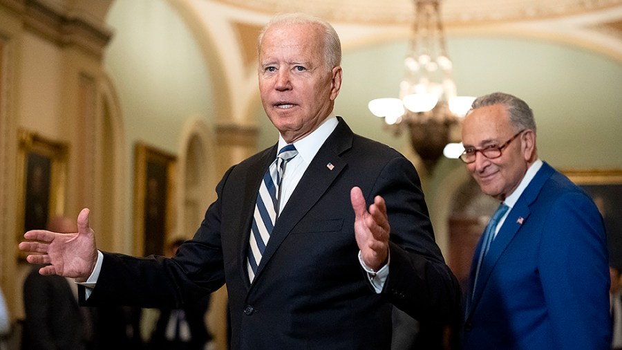 President Biden speaks to reporters following a luncheon with Senate Democrats at the Capitol to discuss an infrastructure plan on Wednesday, July 14, 2021.