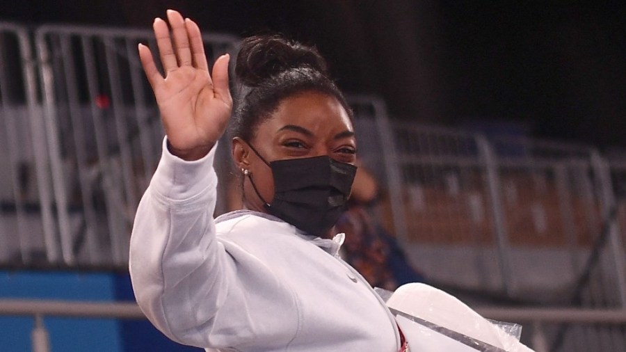 Team USA's Simone Biles waves after the artistic gymnastics women's all-around final during the Tokyo 2020 Olympic Games