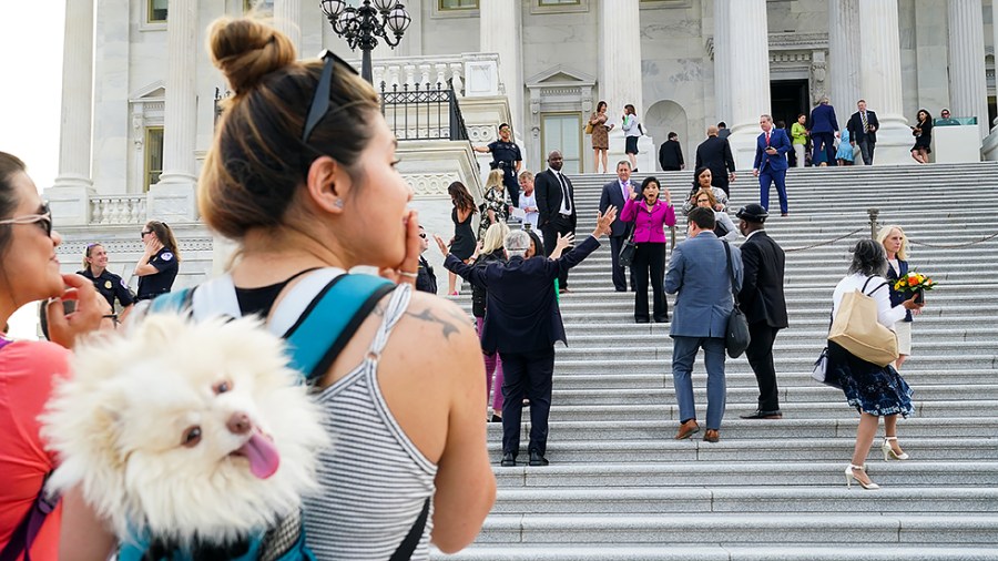 Two tourists and a dog observe House members arrive and leave the first vote of the week on Monday, July 19, 2021.