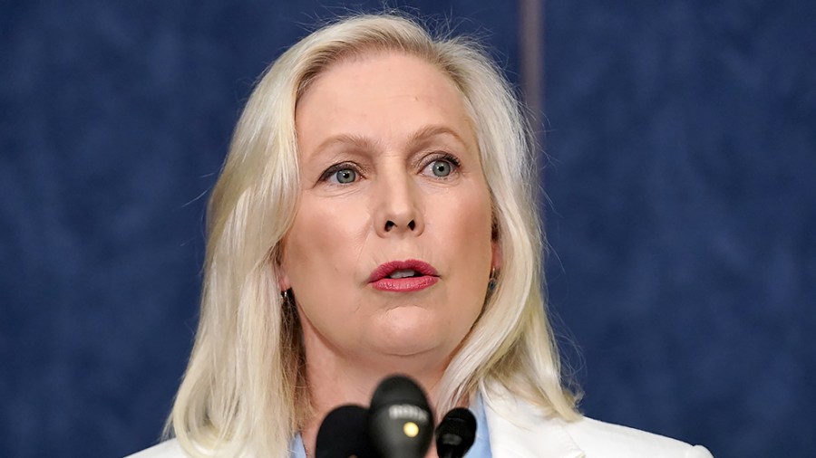 Sen. Kirsten Gillibrand (D-N.Y.) addresses reporters during a press conference on July 14 to discuss bipartisan legislation to end forced arbitration clauses.