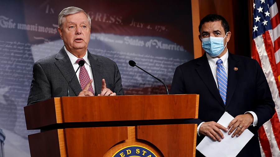 Sen. Lindsey Graham (R-S.C.) addresses reporters during a press conference on Friday, July 30, 2021 to discuss the immigration situation in Rep. Henry Cuellar’s (D-Texas) district.