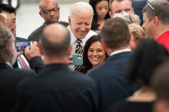 President Joe Biden greets well-wishers after speaking about American manufacturing and the American workforce