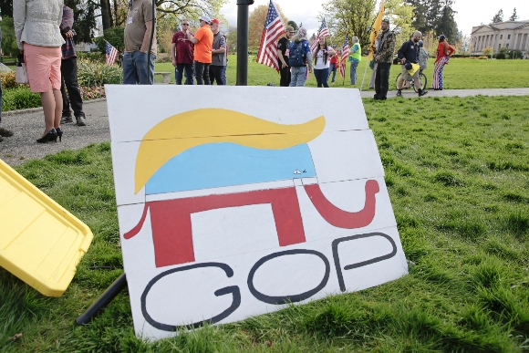 A Republican Party elephant logo is pictured with the hair of former President Trump