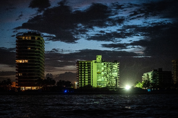 The partially collapsed Champlain South tower in Surfside, Florida