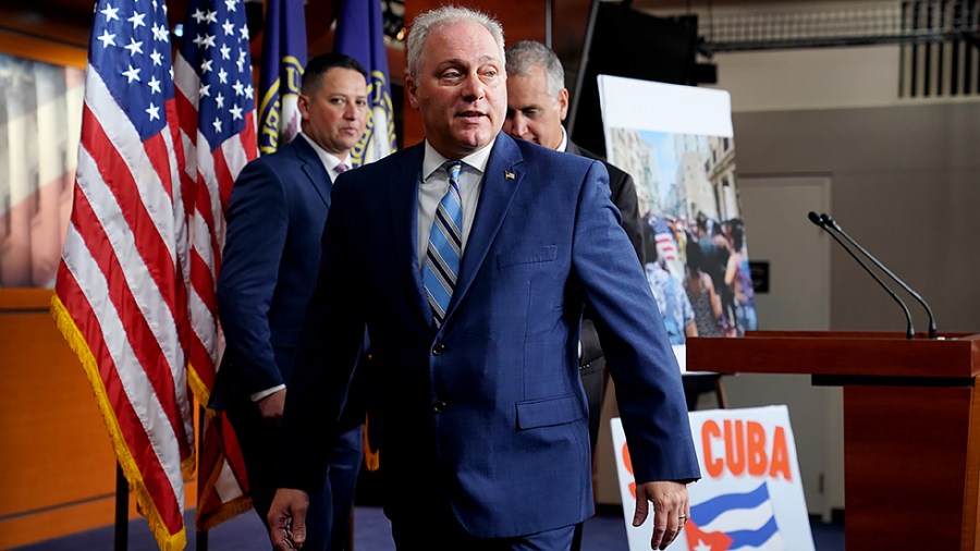 House Minority Whip Steve Scalise (R-La.) leaves a press conference after a closed-door House Republican conference meeting on Tuesday, July 20, 2021.