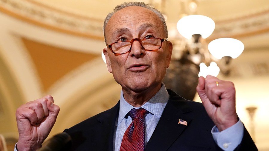 Majority Leader Charles Schumer (D-N.Y.) addresses reporters after the weekly policy luncheon on Tuesday, July 20, 2021.