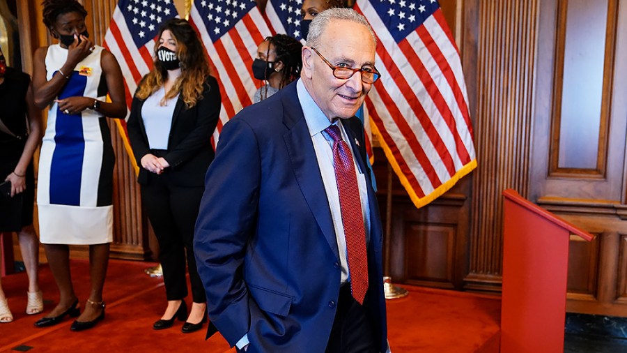 Majority Leader Charles Schumer (D-N.Y.) arrives early for a press event on Tuesday, July 20, 2021 to discuss President Biden’s Child Tax Credit.