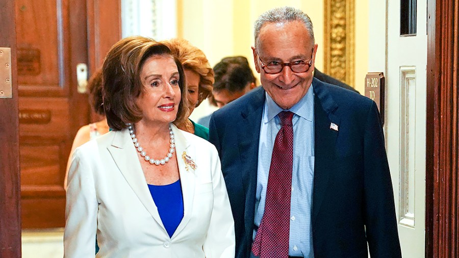 Speaker Nancy Pelosi (D-Calif.) and Majority Leader Charles Schumer (D-N.Y.) arrive for a press event on Tuesday, July 20, 2021 to discuss President Biden’s Child Tax Credit.