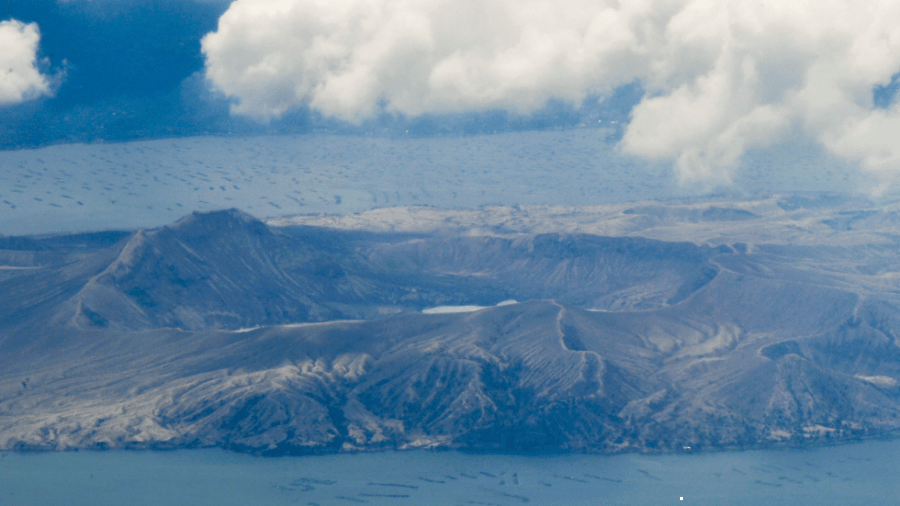 This aerial photograph taken on June 24, 2021 shows the Taal volcano crater