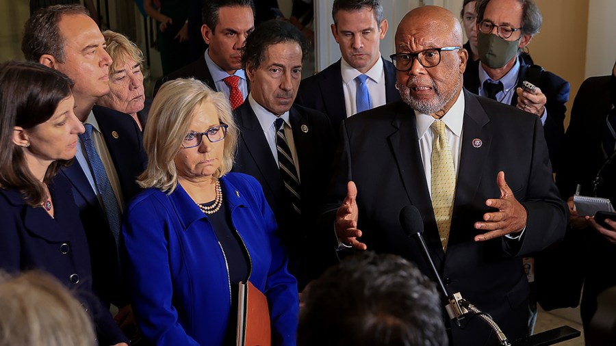 Reps. Liz Cheney (R-Wyo.) and Bennie Thompson (D-Miss.) speaks to reporters following a hearing of the Select Committee to Investigate the January 6th Attack on US Capitol on Tuesday, July 27, 2021.