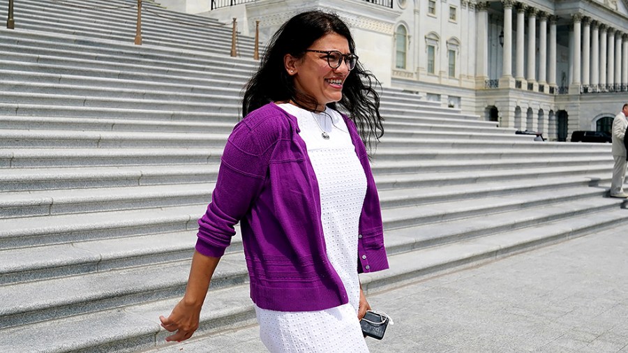 Rep. Rashida Tlaib (D-Mich.) leaves the Capitol following the last votes of the week on Thursday, July 1, 2021.