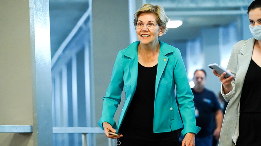 Sen. Elizabeth Warren (D-Mass.) arrives to the Capitol for a vote on Tuesday, July 27, 2021