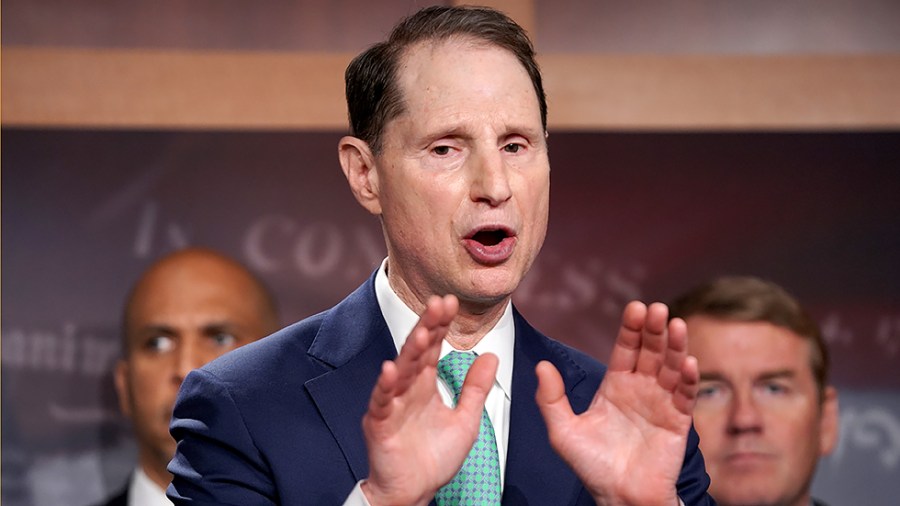 Sen. Ron Wyden (D-Ore.) addresses reporters during a press conference on Thursday, July 15, 2021 to discuss the Child Tax Credit payments being sent out.