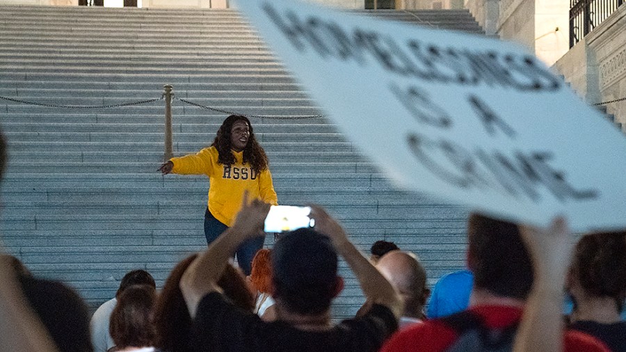 Rep. Cori Bush (D-Mo.) speaks to supporters outside the House Chamber on Saturday, July 31, 2021 as progressive House Democrats are demanding the House return to work on the expiring federal eviction moratorium which ends Aug 1.