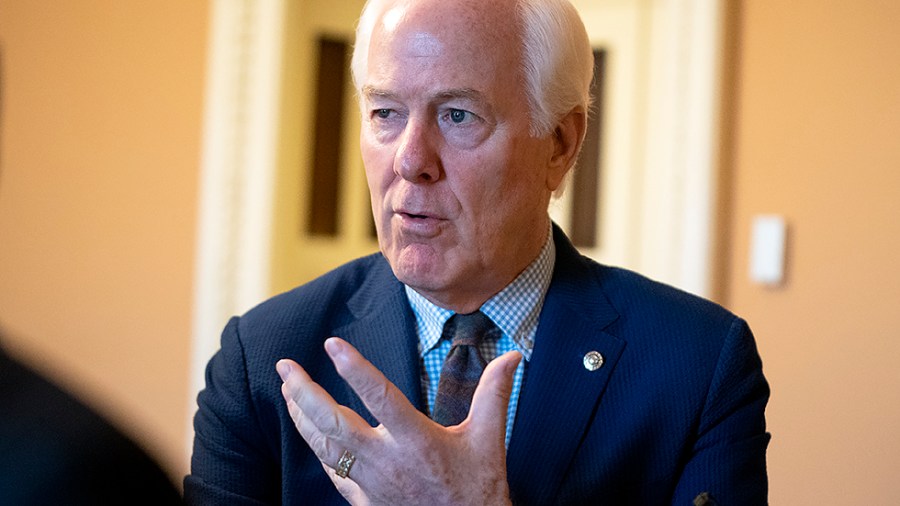 Sen. John Cornyn (R-Texas) speaks to reporters about the bipartisan infrastructure bill on Saturday, August 7, 2021 as the Senate attempts to finish up the bill during a weekend session.