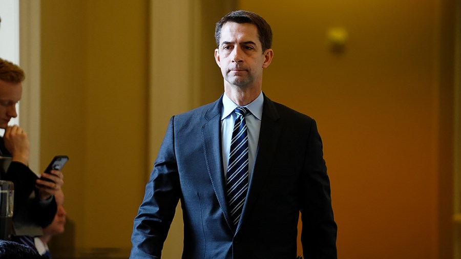 Sen. Tom Cotton (R-Ark.) leaves a meeting with Senate Republicans to discuss the bipartisan infrastructure bill on Wednesday, July 28, 2021.