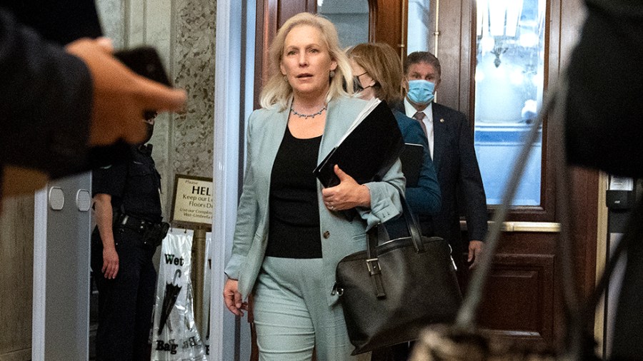 Sen. Kirsten Gillibrand (D-N.Y.) arrives to the Capitol for a vote to end debate regarding the bipartisan infrastructure bill on Sunday, August 8, 2021.