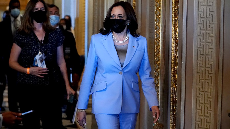 Vice President Harris arrives to the Senate Chamber on Monday, August 2, 2021 for a meeting.