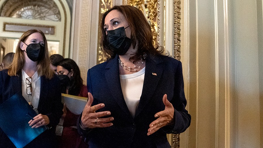 Vice President Harris speaks to reporters outside the Senate Chamber as the Senate votes on the bipartisan infrastructure bill on Tuesday, August 10, 2021.