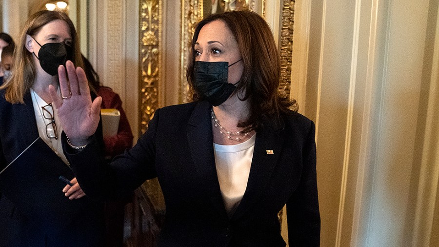 Vice President Harris speaks to reporters outside the Senate Chamber as the Senate votes on the bipartisan infrastructure bill on Tuesday, August 10, 2021.