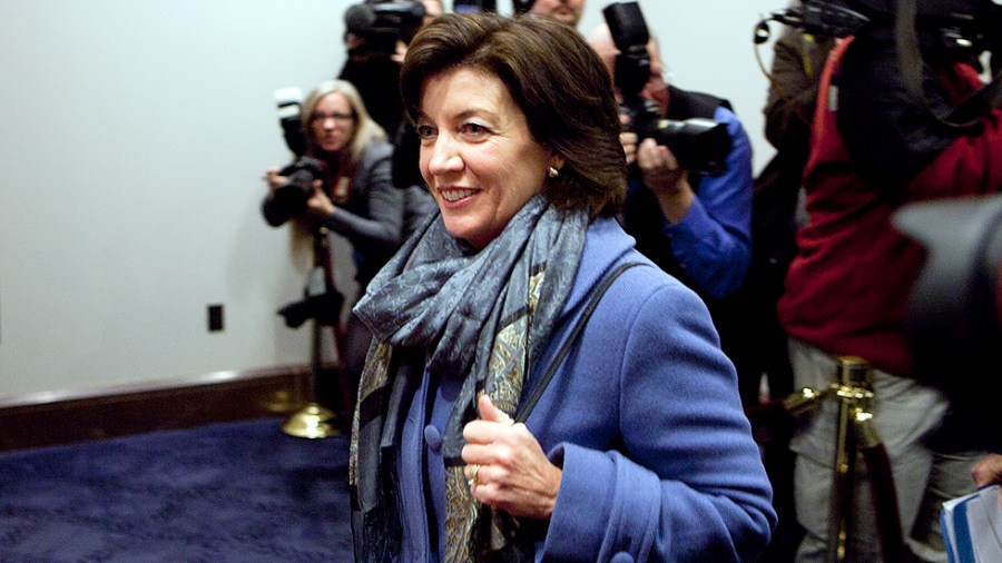 Rep. Kathy Hochul (D-N.Y.) arrives for a House Democratic caucus meeting to discuss the Senate's fiscal cliff bill on Tuesday, January 1, 2013.