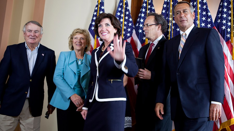 Rep. Kathy Hochul (D-N.Y.) leaves a mock swear-in for the press on Wednesday, June 1, 2011.