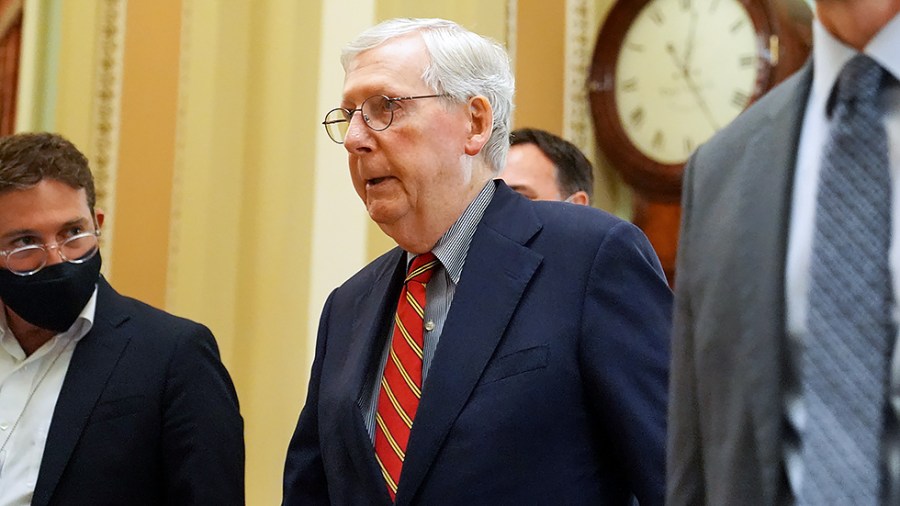 Minority Leader Mitch McConnell (R-Ky.) heads to the Senate Chamber on Monday, August 2, 2021 as the Senate begins to discuss the bipartisan infrastructure legislation.