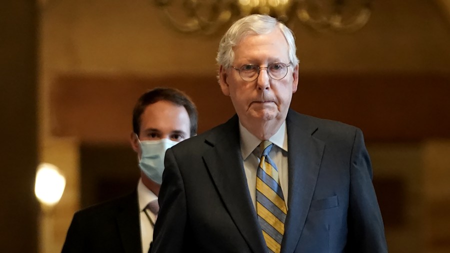 Minority Leader Mitch McConnell (R-Ky.) speaks to reporters as he returns to his office from the Senate Chamber on Tuesday, August 3, 2021 as the Senate conducts the amendment process for the bipartisan infrastructure legislation.