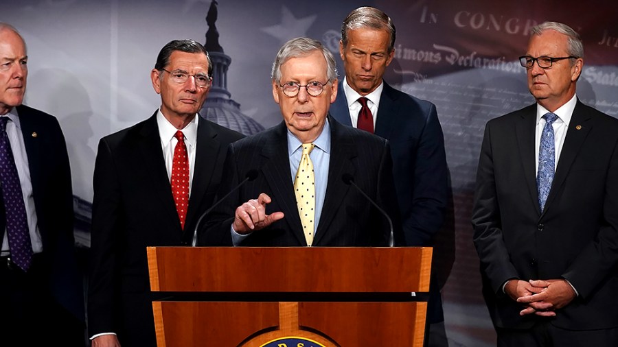 Minority Leader Mitch McConnell (R-Ky.) addresses reporters during a press conference on Wednesday, August 4, 2021 to discuss middle class tax hikes and debt.