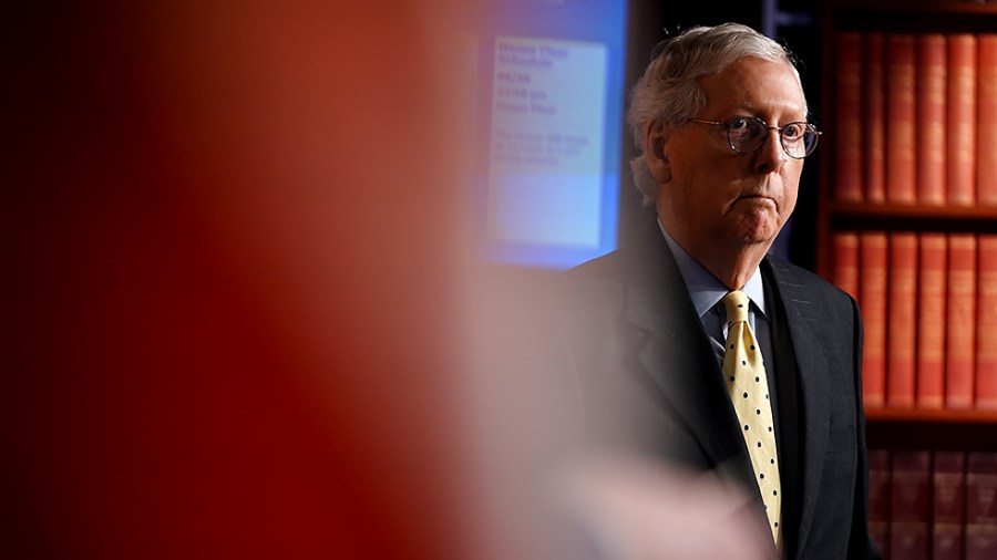 Minority Leader Mitch McConnell (R-Ky.) is seen during a press conference on Wednesday, August 4, 2021 to discuss middle class tax hikes and debt.