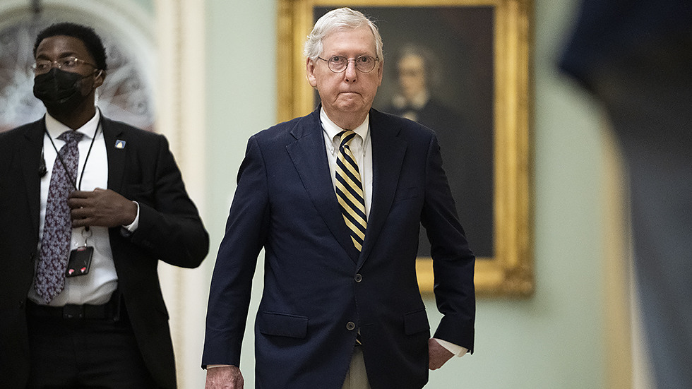 Minority Leader Mitch McConnell (R-Ky.) arrives to the Capitol on Saturday, August 7, 2021 for a weekend session to finish up work on the bipartisan infrastructure bill.