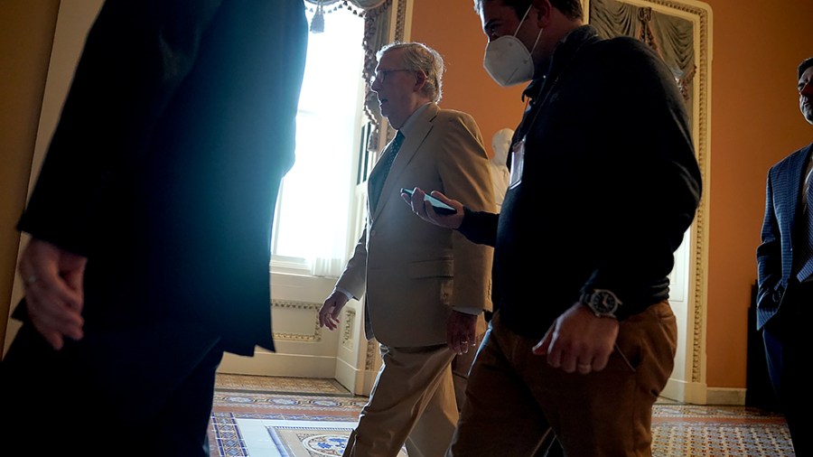 Minority Leader Mitch McConnell (R-Ky.) returns to his office on Monday, August 9, 2021 after speaking on the Senate Floor as the Senate works on the bipartisan infrastructure bill.