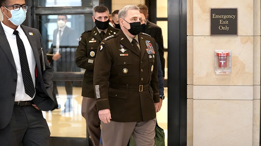 Joint Chiefs of Staff Chairman Marine General Mark Milley leaves a closed-door briefing with members of the House regarding the situation in Afghanistan and the evacuation effort on Tuesday, August 24, 2021.