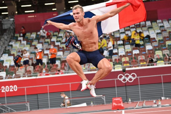 Athlete celebrates after decathlon