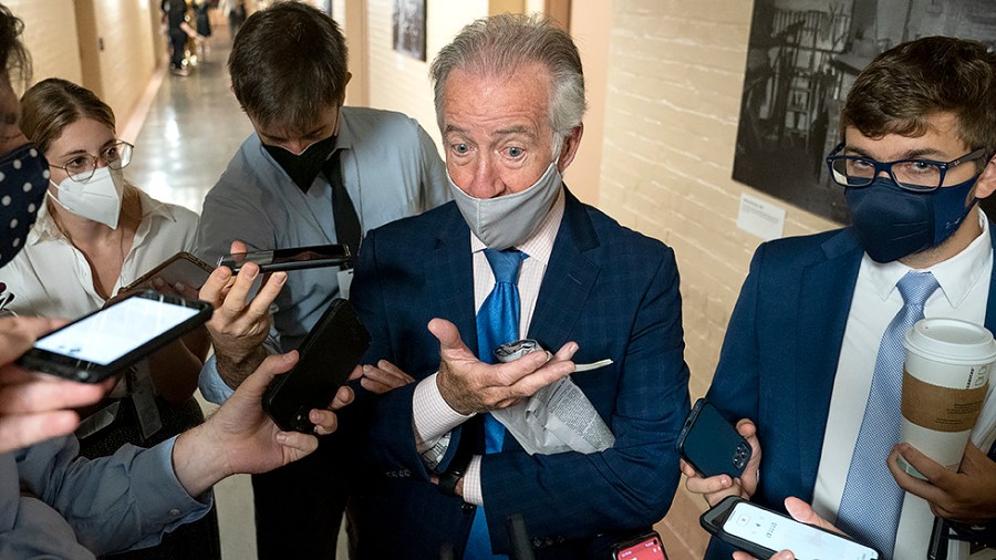 Rep. Richard Neal (D-Mass.) speaks to reporters about the budget and infrastructure bill as he leaves a House Democratic Caucus meeting on Tuesday, August 24, 2021.