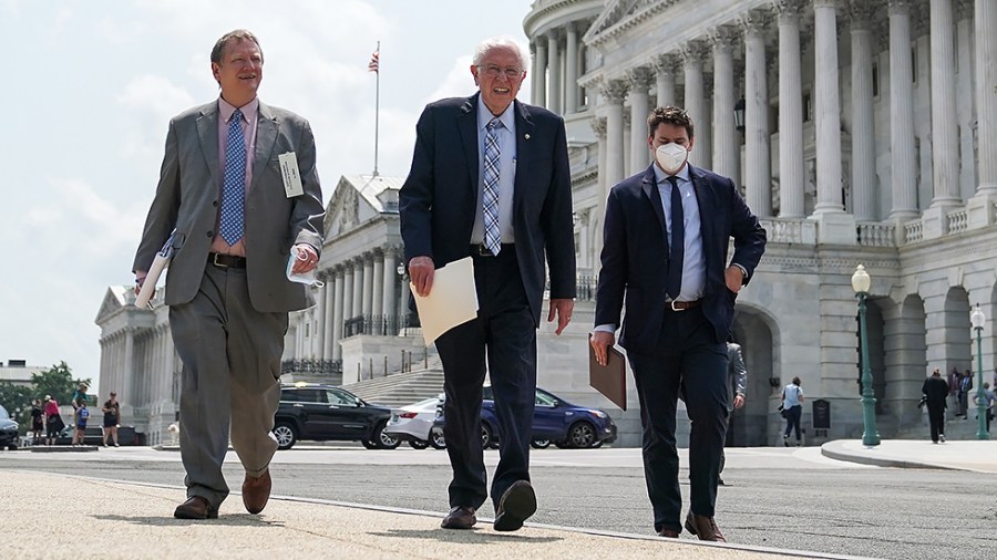 Sen. Bernie Sanders (I-Vt.) leaves the Capitol after a meeting with Majority Leader Charles Schumer (D-N.Y.) on Monday, August 9, 2021 as the Senate works on the budget resolution for FY 2022.