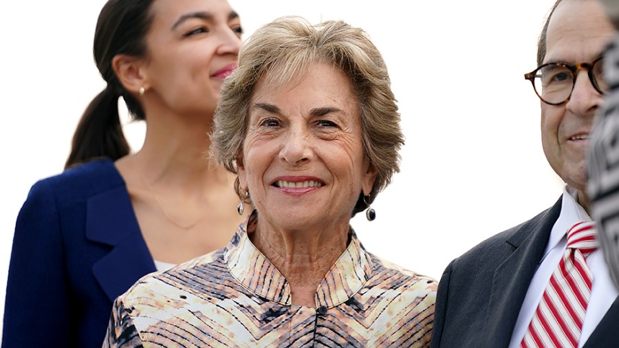 Rep. Jan Schakowsky (D-Ill.) is seen as members Congressional Progressive Caucus take a photo outside the House Chamber on Monday, July 19, 2021.