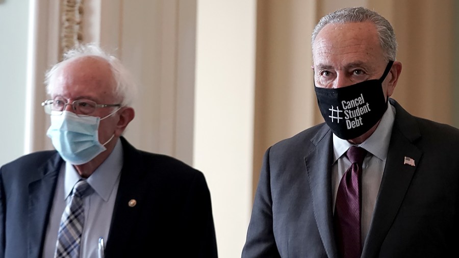 Sen. Bernie Sanders (I-Vt.) and Majority Leader Charles Schumer (D-N.Y.) leave Schumer’s office after a meeting on Monday, August 9, 2021 as the Senate works on the budget resolution for FY 2022.