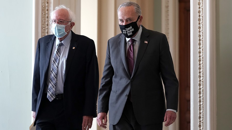 Sen. Bernie Sanders (I-Vt.) and Majority Leader Charles Schumer (D-N.Y.) leave Schumer’s office after a meeting on Monday, August 9, 2021 as the Senate works on the budget resolution for FY 2022.