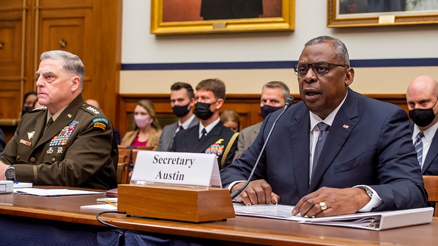 Chairman of the Joint Chiefs of Staff Gen. Mark A. Milley, Secretary of Defense Lloyd J. Austin listen during a House Armed Services Committee hearing on the conclusion of military operations in Afghanistan on September 29, 2021.