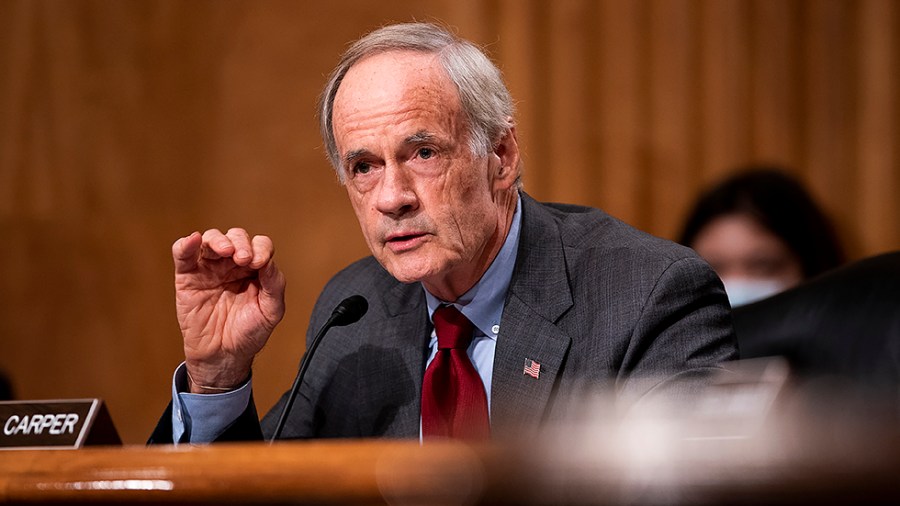 Sen. Tom Carper (D-Del.) is seen during a Senate Homeland Security & Governmental Affairs Committee hearing to discuss security threats 20 years after the 9/11 terrorist attacks on Tuesday, September 21, 2021.