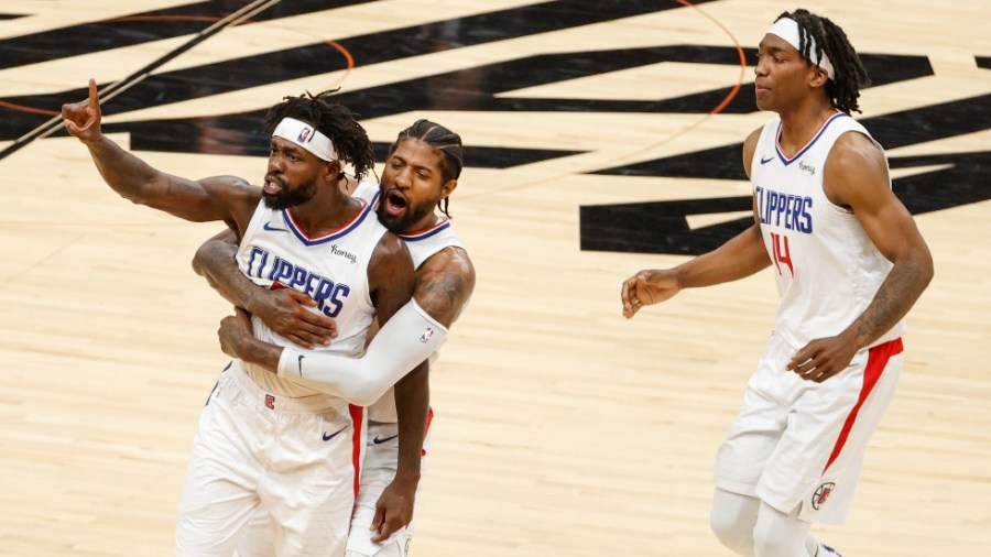 atrick Beverley, Paul George and Terance Mann of the LA Clippers are seen during the fourth quarter in game two of the NBA Western Conference in June, 2021