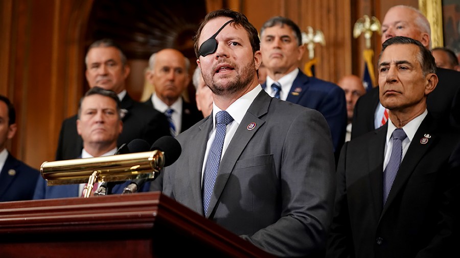 Rep. Dan Crenshaw (R-Texas) addresses reporters during a press conference on Tuesday, August 31, 2021 to discuss holding the Biden administration accountable for the withdrawal from Afghanistan.