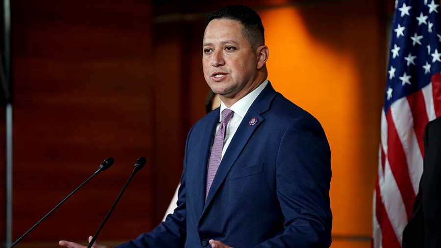 Rep. Tony Gonzales (R-Texas) addresses reporters after a closed-door House Republican conference meeting on Tuesday, July 20, 2021.