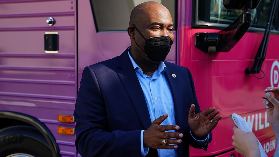 DNC Chairman Jaime Harrison speaks with reporters at the first stop of the ‘DNC Build Back Better Bus Tour’ at Port City Brewing in Alexandria, Va., on Thursday, August 12, 2021.