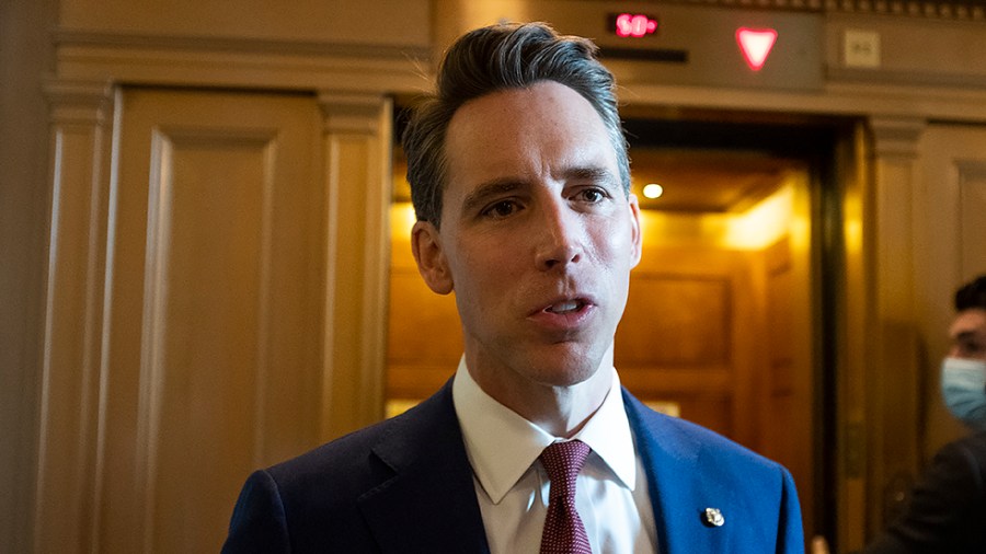 Sen. Josh Hawley (R-Mo.) speaks to reporters outside the Senate Chamber during a vote on Tuesday, September 14, 2021.