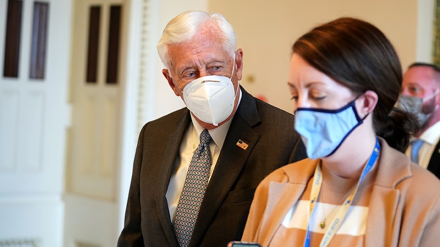 House Majority Leader Steny Hoyer (D-Md.) speaks to a reporter as he returns to his offie during a series of twenty votes regarding the National Defense Authorization Act on Thursday, September 23, 2021.