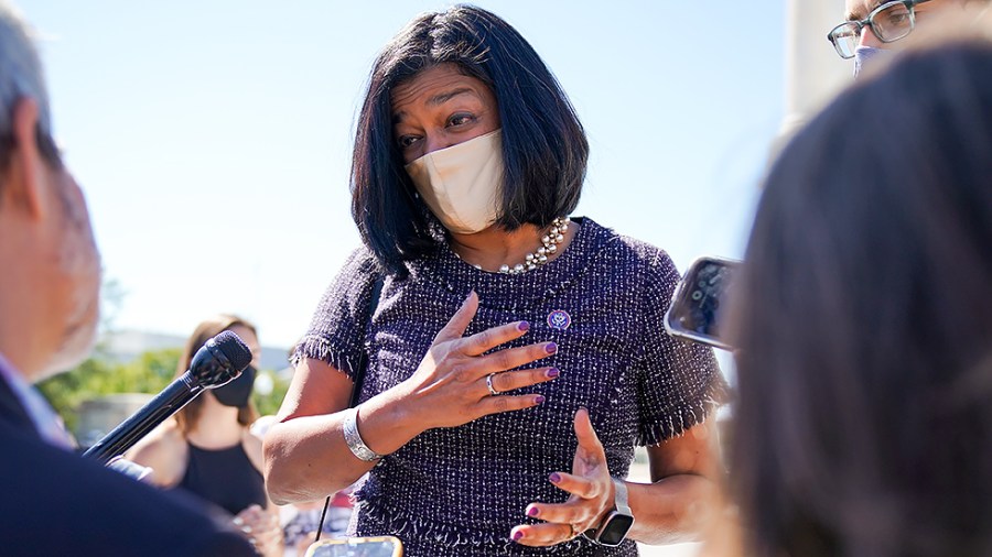 Rep. Pramila Jayapal (D-Wash.) speaks to reporters outside the House Chamber prior to a vote on the extending the debt limit on Wednesday, September 29, 2021.