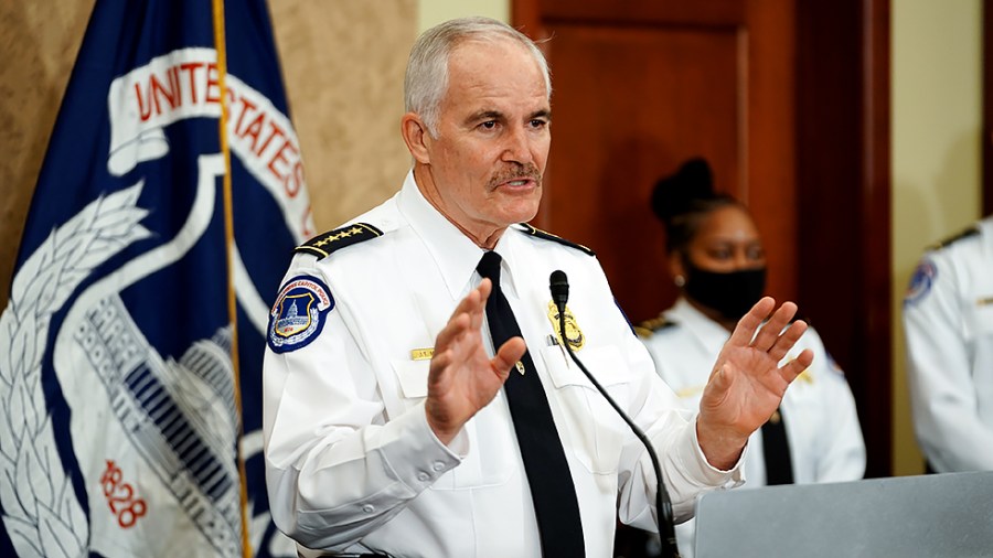 US. Capitol Police Chief Tom Manger addresses reporters during a press conference on Friday, September 17, 2021 about security for this weekend’s ‘Justice for J6 Rally’ for those arrested or killed during the Jan. 6 insurrection.