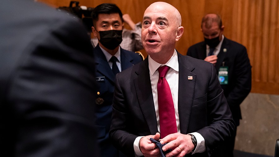 Secretary of Homeland Security Alejandro Mayorkas is seen during a break at a Senate Homeland Security & Governmental Affairs Committee hearing to discuss security threats 20 years after the 9/11 terrorist attacks on Tuesday, September 21, 2021.